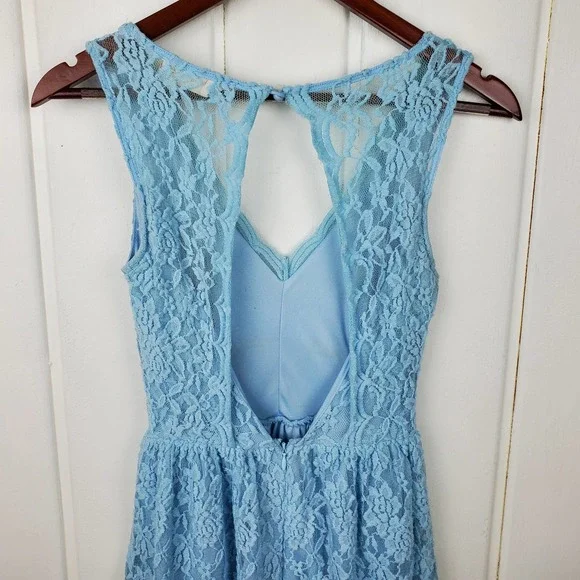 Altar'd State Lovely Powder Blue Jr XS Racer Keyhole Back Lace Lined MIni Dress - Picture 7 of 11